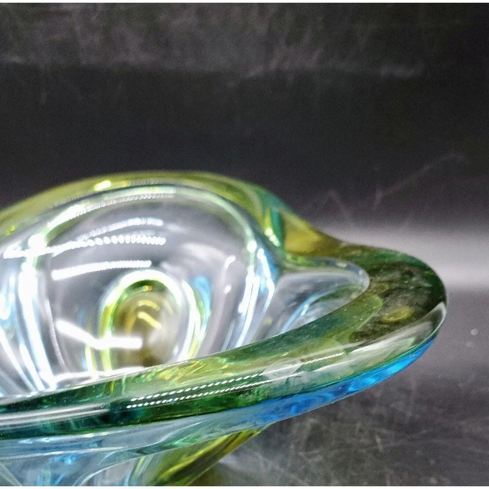 Vintage Walther Art Glass Decorative Bowl Triangle Green Blue 9